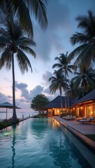 Obraz premium A luxurious tropical resort with a large pool at sunset, surrounded by palm trees and a serene atmosphere. The image emphasizes relaxation, vacation, and tropical beauty.