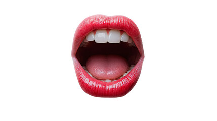 Naklejka premium A close-up of a woman's open mouth with bright red lipstick, revealing white teeth and a pink tongue isolated on transparant background. Generative ai
