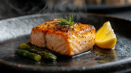 A serving of pan-seared salmon fillet with roasted asparagus and a wedge of lemon, placed on a dark textured plate, warm lighting emphasizing the colors and textures, steam rising slightly,