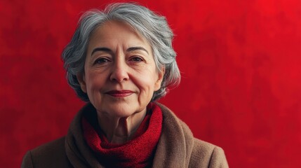 A kind elderly woman with grey hair posing on a red background. Generative AI.