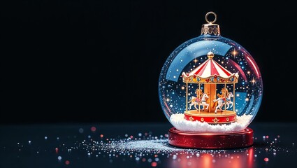 Beautiful Christmas ball with carousel inside on dark background with free space for text	