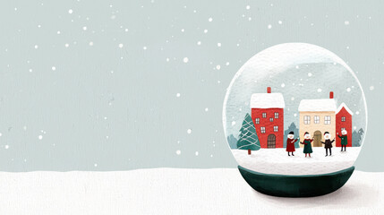 charming snow globe featuring snowy town square with people singing joyfully