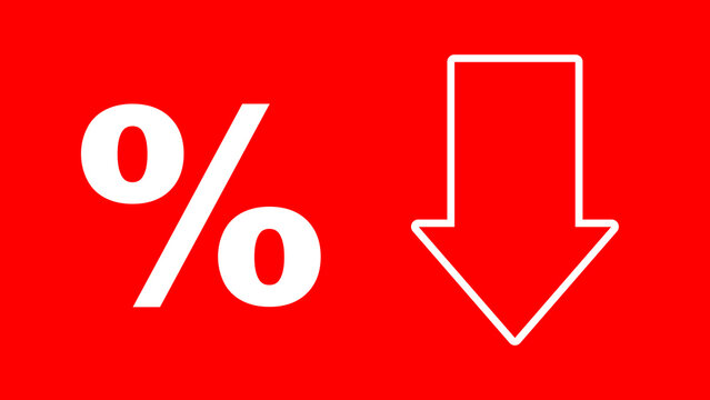 Decreasing concept vector art shows a bold downward arrow alongside a percentage symbol, set against a vibrant red backdrop. For decline, reduction.