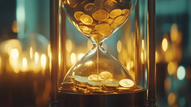 Hourglass filled with golden coins. Time is moeny concept.