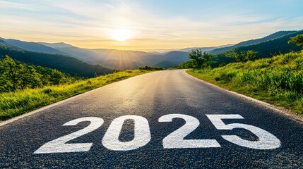 Straight road leading to the horizon with the year 2025 written on the asphalt with sunset view
