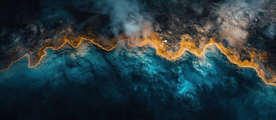Abstract aerial view of a coastline with a thin line of sand and a blue and gray water surface.