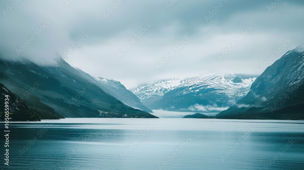 Poster a serene view of the tranquil fjords and snow-capped peaks of norway with misty waters and rugged te