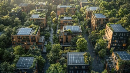 Obraz premium Aerial view of a sustainable eco-friendly neighborhood with modern wooden houses, green roofs, and solar panels.