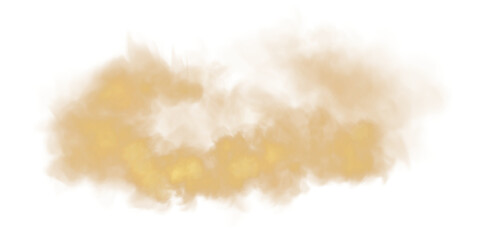 Fantastic golden smoke. Magic smoke. Smog cloud on podium or stage. Fog vapor over ground or water surface, magic haze. PNG.
