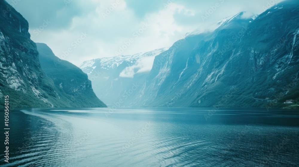 Poster a serene view of the tranquil fjords and snow-capped peaks of norway with misty waters and rugged te