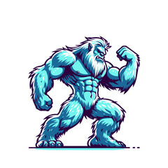Obraz premium Shredded yeti bigfoot bodybuilder flexing muscles sports logo mascot 
