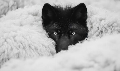 Obraz premium Black wolf hiding among white sheep wool