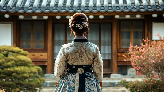 A woman in a traditional hanbok stands in front of a traditional Korean house