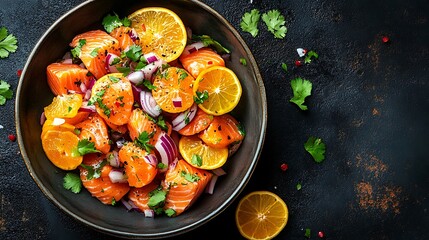 A top-down view of a bowl of salmon ceviche with colorful citrus slices, thin red onions, and a sprinkle of cilantro, set against a dark background, light highlighting the freshness and textures,