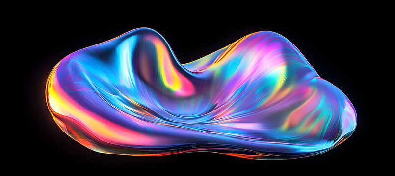 Bold holographic liquid blob shape isolated. Iridescent wavy melted substance on black background