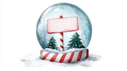 whimsical snow globe featuring blank sign, candy cane stripes, and evergreen trees evokes festive