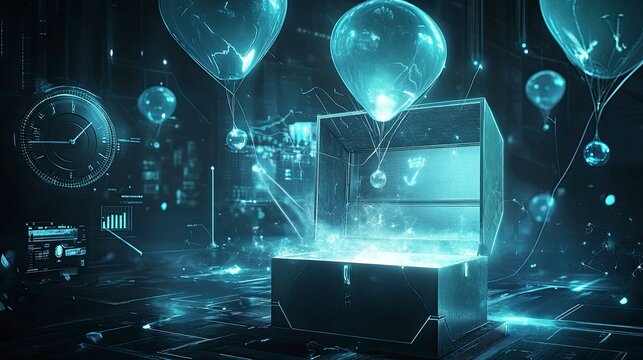 An open box glowing with a soft, ethereal light, with airdrop reward balloons similar to the provided image floating out of it. In the background, generative ai