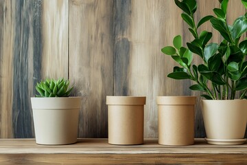 Fototapeta premium Mockup of potted plants and kraft containers on wooden shelf with rustic background, minimalist home decor, eco-friendly and natural style, soft lighting, copy space, selective focus