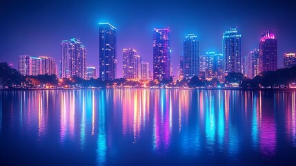 Fototapeta premium Vibrant cityscape reflections a nighttime urban oasis with neon lights and serenity