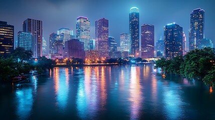 Naklejka premium Stunning nighttime cityscape illuminated buildings reflecting on water in a vibrant metropolis