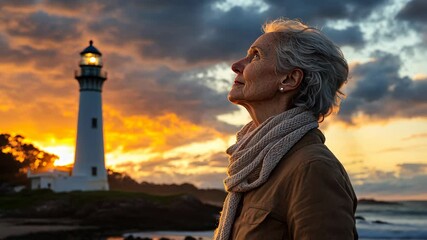 A woman stands by the ocean, looking up at a lighthouse during sunset