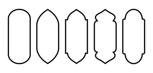 Set of silhouette eid mubarak of oriental style Islamic windows, arches, moroccan gates. For Islamic Design Ramadan, eid mubarak, oriental mirror, arabian gate, door, lantern, Label. Minimalistic. EPS