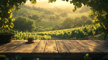 Naklejka premium A wooden terrace with an espresso cup placed near the railing, with vineyards stretching across the valley. The morning sunlight gently illuminates the vines, creating a serene and inviting scene,