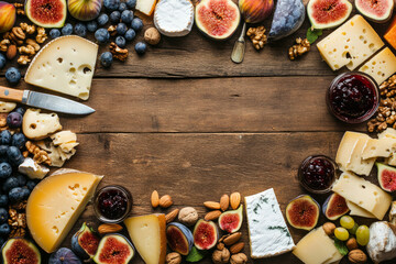 A variety of different types cheese arranged on a wooden cheese board with copy space in the center