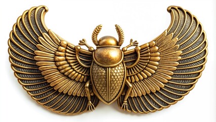 Intricate golden scarab beetle sculpture with spread wings, showcasing detailed craftsmanship against a white background
