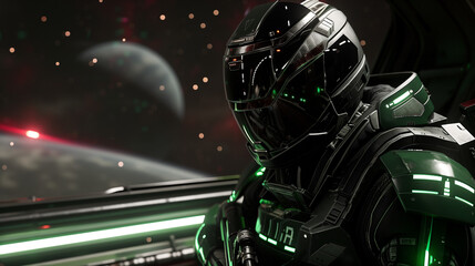 Obraz premium Futuristic astronaut in a dark spaceship cockpit with a planet in the background, glowing green lights