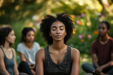 Young woman meditating with closed eyes during a group therapy session in a peaceful garden