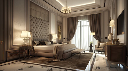 Luxurious and elegant bedroom interior with classic decor, featuring plush bedding, chandelier lighting, and refined furnishings