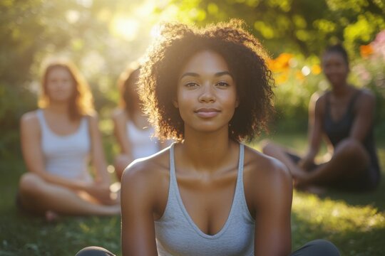 Serene young woman finding support and healing during a group therapy session in a peaceful park setting