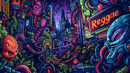 Obraz premium Futuristic neon cityscape with cyberpunk aesthetics, lush greenery, and vibrant graffiti art
