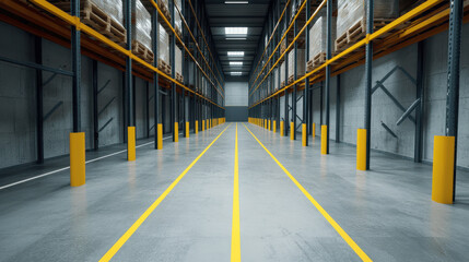 Obraz premium Efficient warehouse layout with clear safety markings and organized space