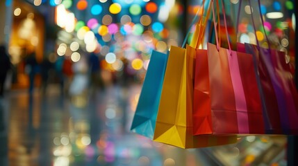 Colorful bags in brightly lit Christmas shopping mall capturing excitement of holiday sales, website ads promoting special offers