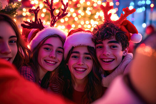 Joyful holiday celebration with friends cherishing memories under the christmas lights