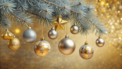 Obraz premium Elegant Christmas ornaments hanging from a frosted pine branch, featuring golden and silver tones against a sparkling golden bokeh background