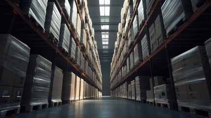 wide angle view of warehouse with systematic arrangement of aisles, showcasing organized storage