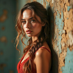 Fototapeta premium Elegant woman in a lace dress standing by a rustic, weathered wall. Natural beauty and vintage charm in a serene, abandoned setting
