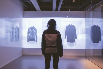Shopper exploring interactive garment exhibits in modern retail space, engaging with innovative technology