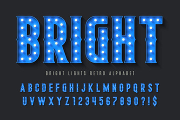 Retro circus alphabet design, cabaret, fairy LED lamps letters and numbers.