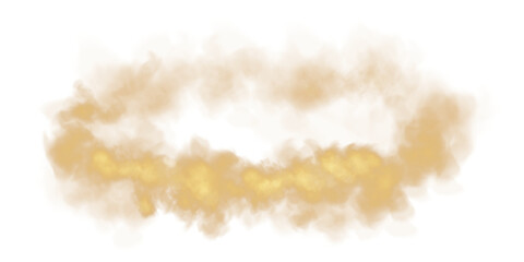 Fototapeta premium Fantastic golden smoke. Magic smoke. Smog cloud on podium or stage. Fog vapor over ground or water surface, magic haze. PNG. 