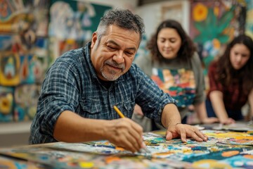 Hispanic man concentrating on painting during an art therapy session, finding solace and expression in a supportive group environment