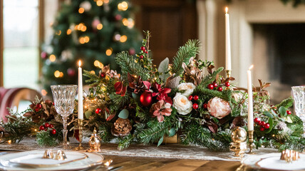 Christmas decor, country cottage style house decoration for an English countryside home interior design, winter wreath holiday botanical arrangements and festive atmosphere, Merry Christmas and Happy