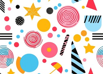 Seamless pattern with colorful geometric shapes, spirals and stars creating festive atmosphere. Perfect for celebrations backgrounds, wallpapers and branding