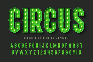 Retro circus alphabet design, cabaret, fairy LED lamps letters and numbers.