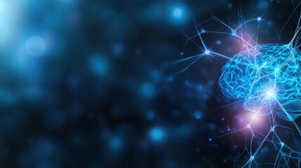 Hologram of AI brain network with neural pathways, glowing blue and purple, digital brain hologram, AI neural network concept