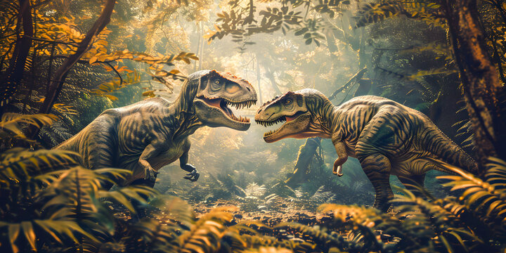 Par de tiranosaurios rex en la selva a punto de pelear