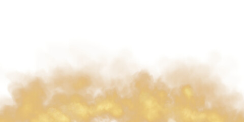 Fantastic golden smoke. Magic smoke. Smog cloud on podium or stage. Fog vapor over ground or water surface, magic haze. PNG.
